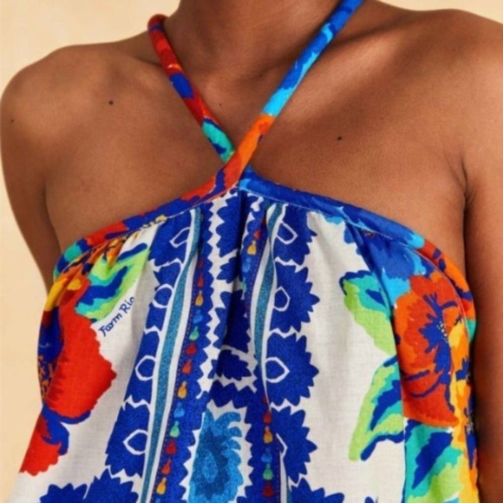 Farm Rio Tapestry Blue Red Mixed Floral Tile Print Halter Top Open Back | M - Picture 4 of 11